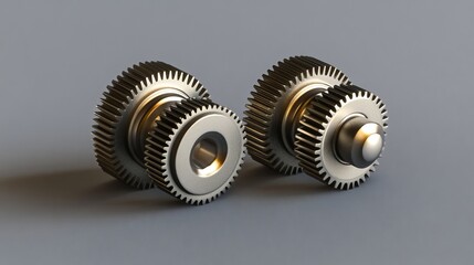 Mechanical engineering concept. Business and industry internet banner. The mechanism consisting of gears on a grey background for the presentation. Cogwheel for science experiment presentation. 