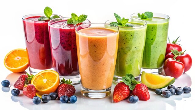 Colorful fruit smoothies in glasses with fresh fruits on white background
