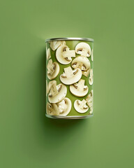 Obraz premium Metal can with pull-tab, featuring sliced mushrooms. No label text. Minimalist packaging on a vibrant green background