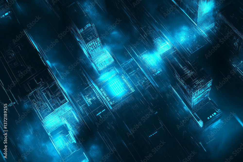 Poster abstract digital circuitry design with glowing blue elements on a dark background