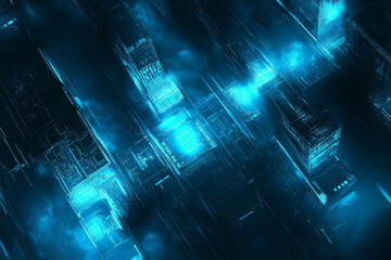  Abstract digital circuitry design with glowing blue elements on a dark background