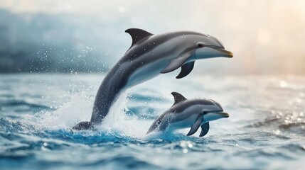 Two dolphins leaping in ocean waves