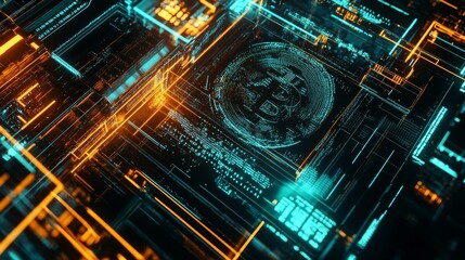 Obraz premium A futuristic digital currency mining farm, AI optimizing blockchain transactions in a secure facility, modern crypto infrastructure