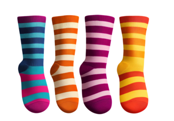 Colorful socks with stripes, PNG clipart with transparent background, no shadow on the ground.
