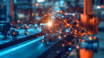 Connected industrial equipment with futuristic network overlay visualization