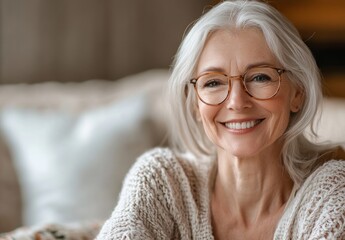 Cheerful elderly woman smiling warmly while sitting comfortably in a cozy living room with soft lighting