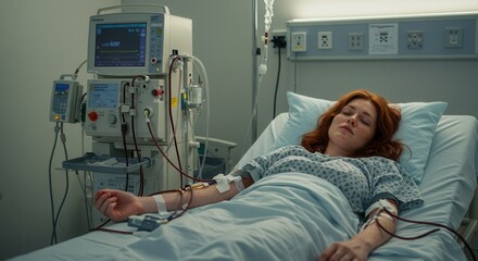 Redhead Woman Resting During Hospital Dialysis Treatment