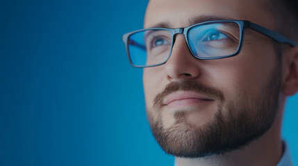 Man in glasses looking thoughtfully against a blue background, inspired by ideas and opportunities in a modern, professional environment