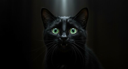 Majestic Black Cat Portrait Intense Green Eyes Dark Fur Close Up