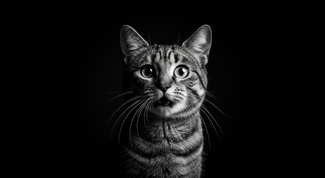 Stunning Black and White Portrait of a Surprised Tabby Cat with Wide Eyes