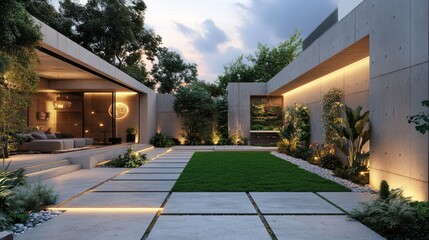 Modern concrete home exterior evening garden
