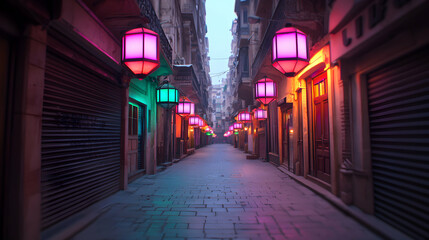Fototapeta premium Vibrant Night City Street with Colorful Lanterns