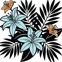 Black and white seamless floral pattern with leaves and decorative elements