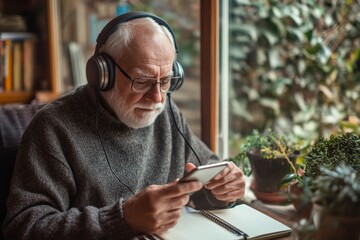 Elderly man listening to music while enjoying a quiet afternoon at home surrounded by nature