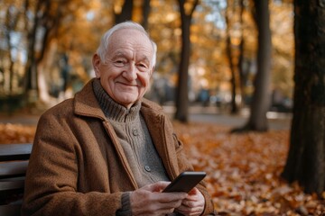 Elderly man enjoying autumn in the park while using smartphone surrounded by colorful leaves