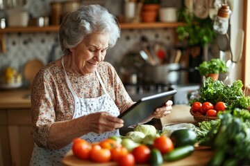 Elderly woman preparing a meal using a tablet in a cozy kitchen filled with fresh vegetables and herbs. concept elderly people and modern technologies, interaction with gadgets