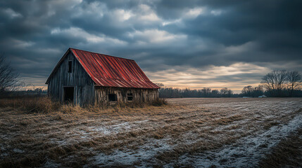 old red barn in the field