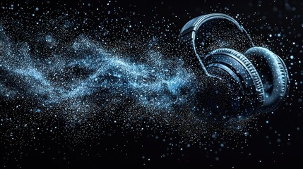 Headphones in a cosmic soundscape, a symphony of light and sound