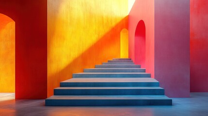 Fototapeta premium Colorful architectural stairs, arches, sunlight in abstract space
