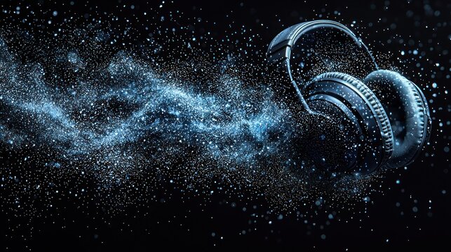 Headphones in a cosmic soundscape, a symphony of light and sound