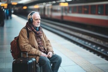 Man waiting at train station with suitcase while listening to music through headphones during the day. concept elderly people and modern technologies, interaction with gadgets