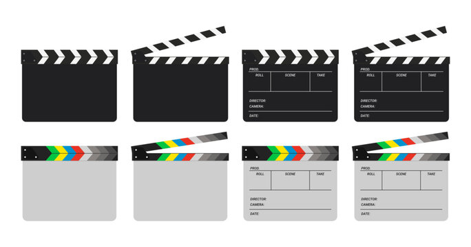 Opened movie film clap board isolated on white background. Clapper board vector set