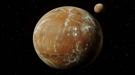 a planet seen from space with a thick atmosphere and weather systems, oceans and land formations, this planet has two small moons that orbit it, highly detailed, high resolution, 8k, 