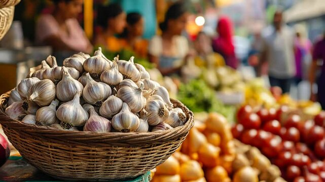 garlic in basket at market, fresh vegetable selling at local Asian fresh market, bustling people shopping