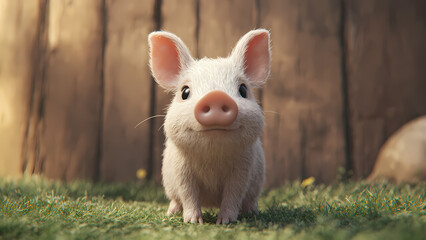 Cute fluffy piglet looking curiously in a sunny green meadow