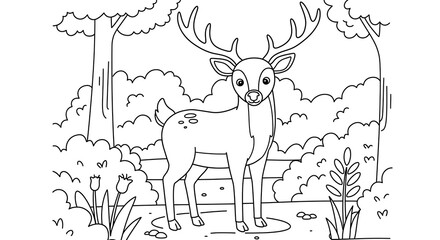 Deer Standing in Forest Outlined Illustration for Coloring or Children's Book