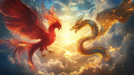 A red phoenix and a golden Chinese dragon, face to face, interacting, on clouds, with colorful sunlight surrounding them, the phoenix has wings, the phoenix is like a golden pheasant, the dragon has a