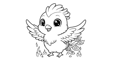 Obraz premium Cute Phoenix Cartoon Character Flying with Flames Coloring Page for Kids