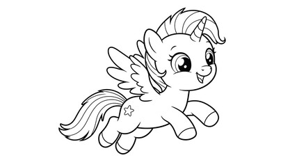 Flying Unicorn Cartoon Character Outline with Wings and Star Decoration