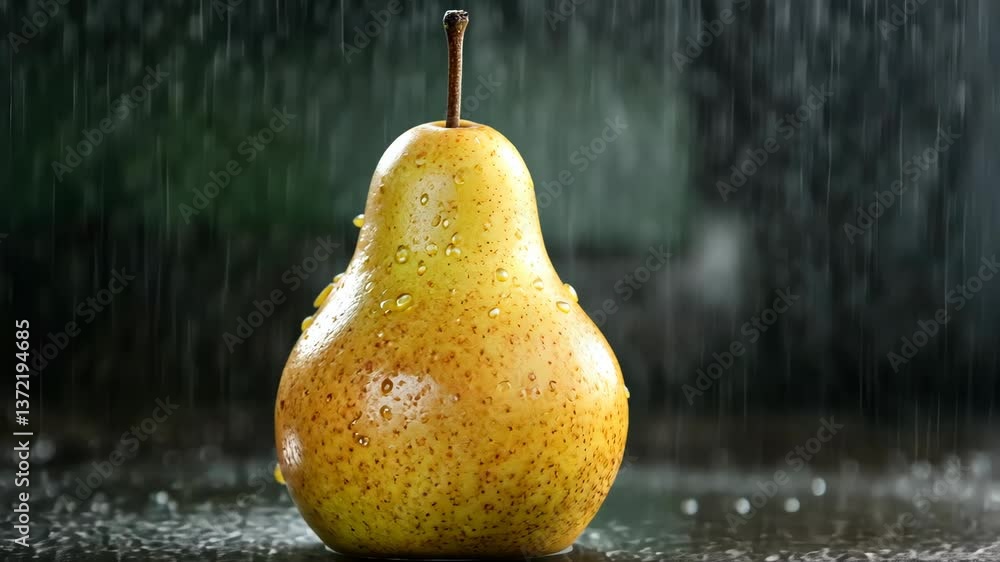 Poster juicy pear sitting on a surface while rain drops create a refreshing atmosphere around it