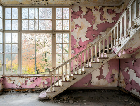 White Wooden Staircase in Abandoned Building with Peeling Pink Paint