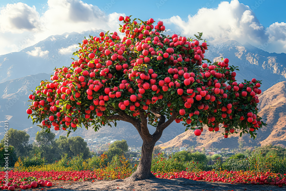 Poster tree with many red apples on it. the tree is surrounded by a field of red flowers