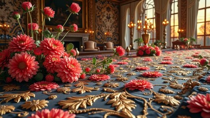 Luxurious ballroom with ornate floral decor and grand ambiance at sunset