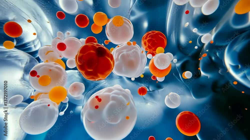 Poster colorful molecular structures floating in a scientific abstract background showcasing cellular activ