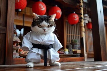 Serious cat in karate uniform sitting by wooden shrine with red lanterns, gazing earnestly at the camera