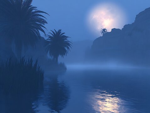 A serene night scene featuring water and palm trees