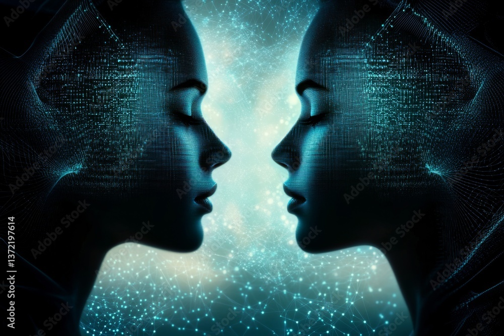 Poster silhouettes of two women in deep contemplation against a futuristic blue network background with gri