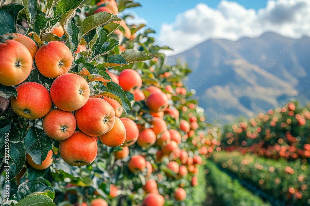 Poster row of red apples hanging from a tree. the apples are ripe and ready to be picked