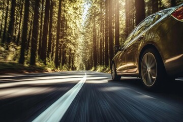 Silver Sedan Driving Through Autumn Forest with Sunlight Filtering Through Tall Trees in Dreamy Background