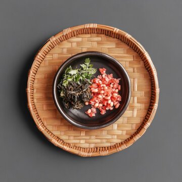  Burmese lahpet thoke salad with tea leaves fermented beans chili arranged on rattan plate, traditional cultural cuisine composition for culinary branding and packaging design 