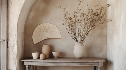 Boho-Minimalist Living Room Corner with Natural Textures and Sunburst Wall Art

