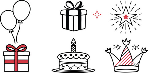 Birthday cake a sweet vector set of gift boxes and icons with cherry decoration