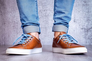 Stylish denim-clad feet in brown leather sneakers with blue stripes on white soles standing on wooden floor
