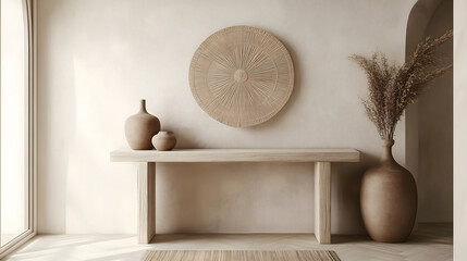 Boho-Minimalist Living Room Corner with Natural Textures and Sunburst Wall Art


