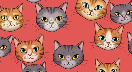 Obraz premium Adorable Cat Faces Seamless Pattern Cute Orange Gray Tabby Kittens Red Background