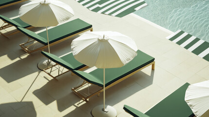 Fototapeta premium A stylish hotel terrace captured from low angle, sage green loungers, loosely folded white towel